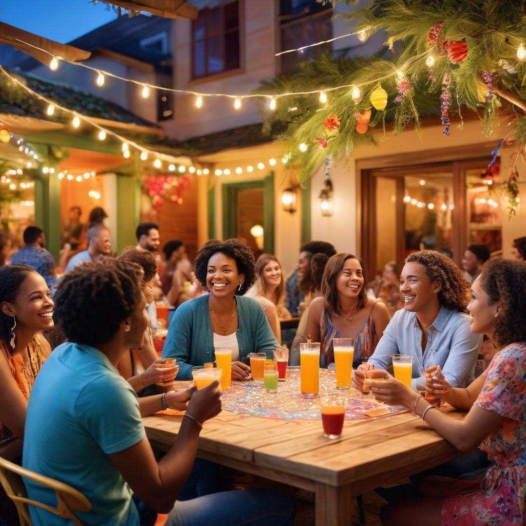 A lively gathering of diverse adults in a colorful social setting, engaging in conversations, enjoying shared activities, with vibrant decorations and warm lighting that conveys a sense of community. Incorporate elements like drinks, laughter, and games to symbolize connection. Illustrate an inviting and inclusive atmosphere. vibrant colors. super-realistic.