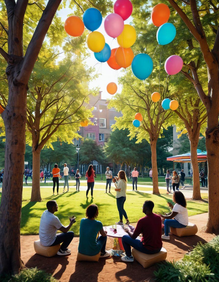 A vibrant and lively scene depicting a diverse group of adults engaged in various social activities, such as discussions, games, and creative workshops, in a colorful urban park setting. Surrounding them are elements symbolizing connection, like floating balloons and interlinking hands. Soft sunlight filters through the trees, creating a warm and inviting atmosphere. The background features abstract shapes representing networks and connections. vibrant colors. super-realistic.