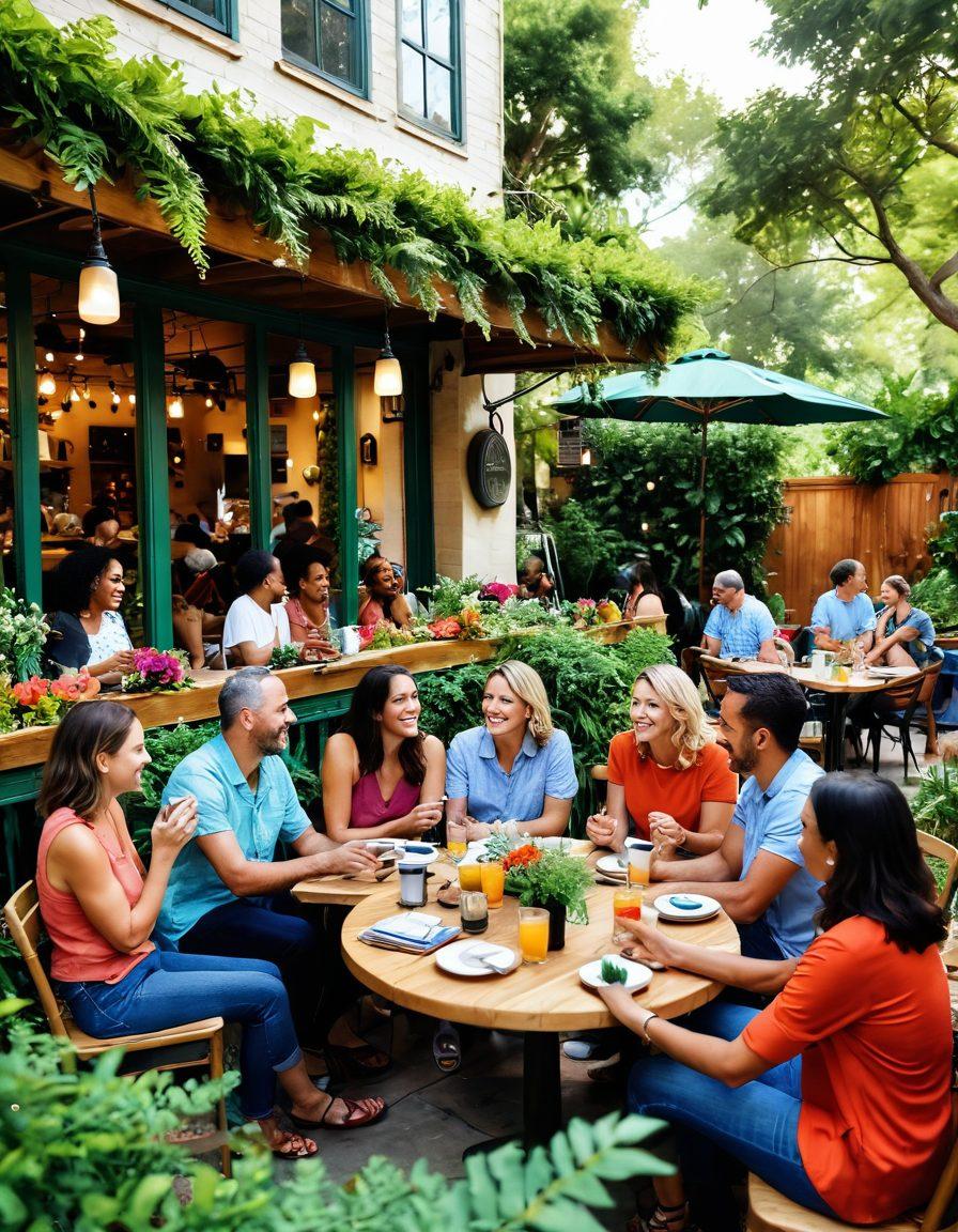 A vibrant gathering of diverse adults engaging in lively conversations at a cozy outdoor café, surrounded by lush greenery and colorful decorations, symbolizing thriving social connections. Include elements like laughter, shared drinks, and an inviting atmosphere to depict warmth and camaraderie. super-realistic. vibrant colors. natural setting.